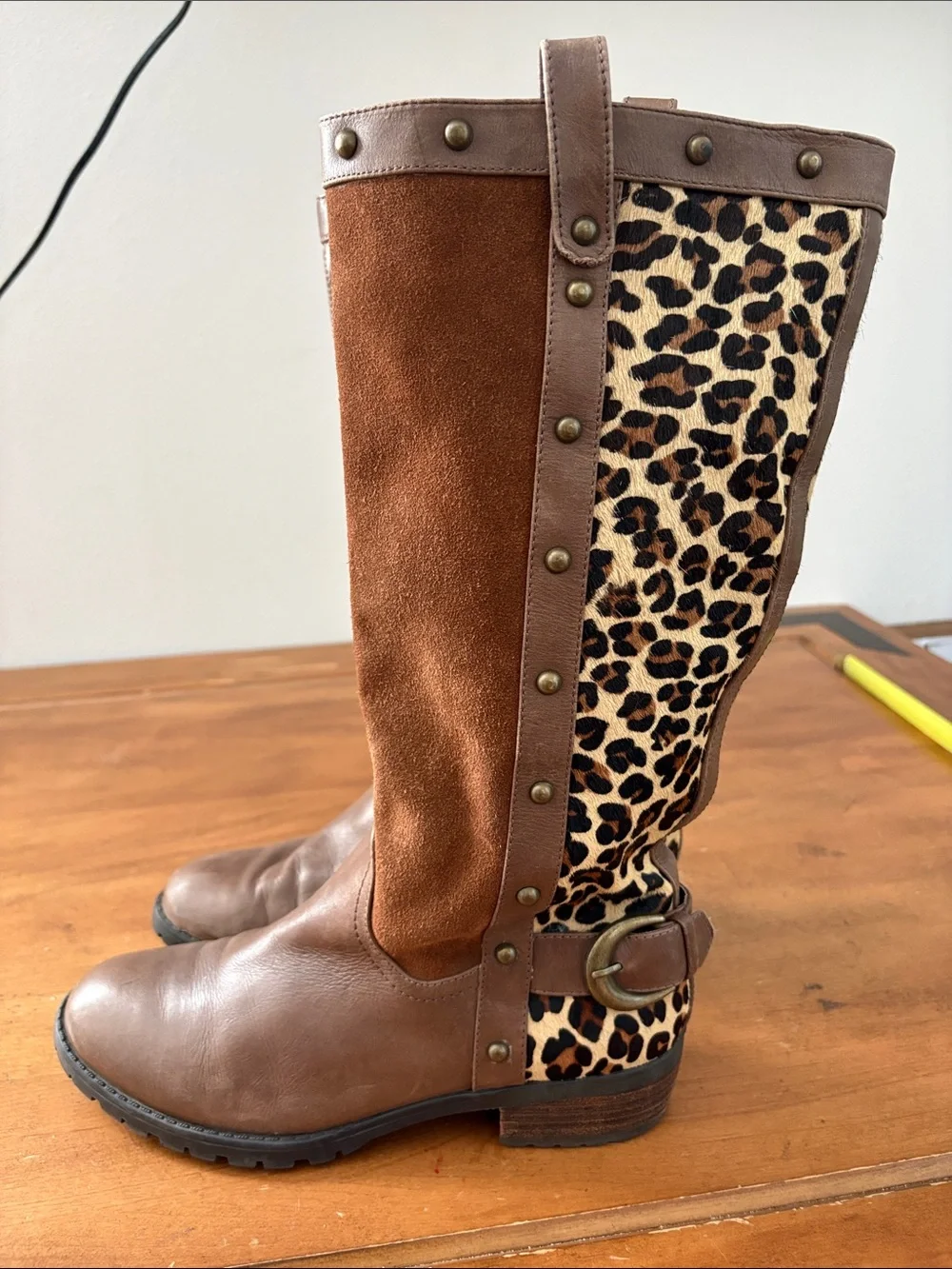 Steve Madden Suede & Leather Knee Boots with Leopard Panel Size 9